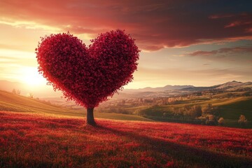 Wall Mural - heart-shaped tree in a field of red flowers at sunset.