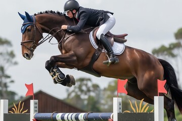 horse jumps over high fence in equestrian sports competition. athlete rider wears helmet, holds rein