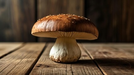  Natural beauty  A single mushroom on a rustic wooden surface