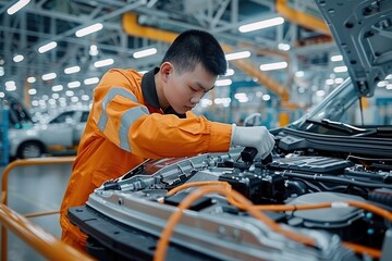 Chinese engineer working on EV battery in a factory environment