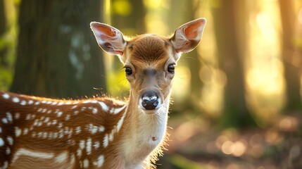 Close-up portrait of a European fallow deer fawn with soft fur, standing in a Bavarian forest, gentle sunlight filtering through the trees