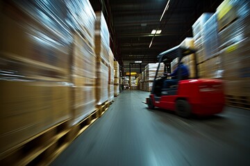 A red forklift drives down a warehouse aisle with rows of stacked pallets on each side, a motion blur effect for a sense of speed and industry.