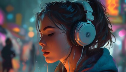 Wall Mural - Enchanted listener immersed in music with vibrant headphones