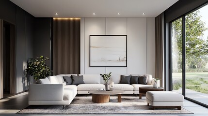 Modern living room design featuring elegant furniture, natural light, and stylish decor for a cozy atmosphere.