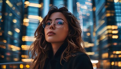 Wall Mural - Girl with glasses enjoying the evening city skyline featuring modern high-rise buildings