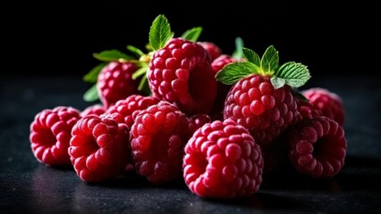 Canvas Print -  Fresh ripe raspberries with vibrant green leaves