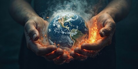 A hands holding a burning Earth, symbolizing environmental concerns and the fragility of the planet amid turmoil and transformation.