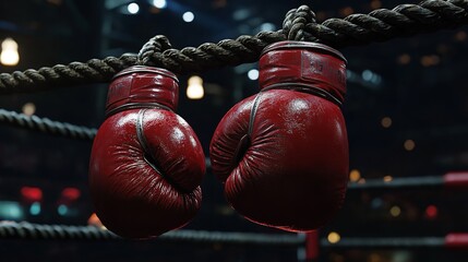 Wall Mural - Two red boxing gloves hitting each other. A dark background with a side of yellow lights. The concept of World Boxing Day.