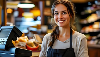 Sticker - Joyful cashier radiating positivity and confidence at work, showcasing pride in small business with a welcoming smile at the cash register and service counter