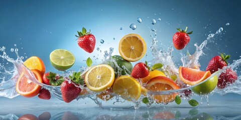 Fruits being thrown and splashing in water, splashing, fruit, water, fresh, healthy, colorful, vibrant, refreshing, motion, action