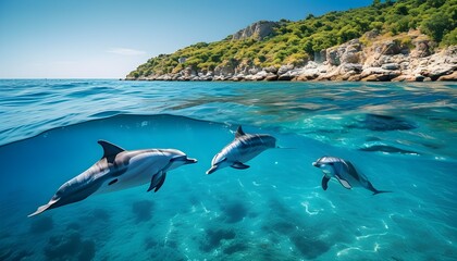 Wall Mural - Underwater adventure of a dolphin swimming in clear ocean waters, showcasing the beauty of wildlife and natural habitats for eco-conscious tourism and travel experiences