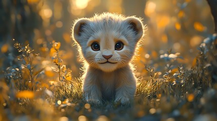 Adorable lion cub in a field of flowers, looking at the camera with big, curious eyes.