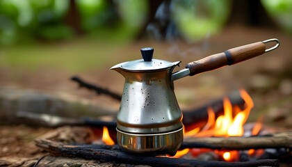 Campsite coffee maker: close-up of outdoor cooking equipment for nature enthusiasts