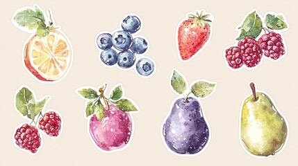 Delightful Fruit in Vibrant Minimalist Sticker Style Featuring Citrus  Berries  and Pome Fruits