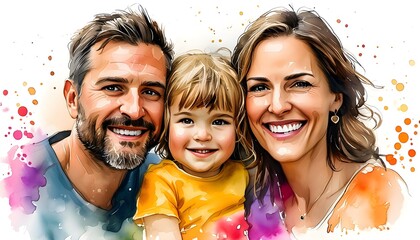 Wall Mural - Joyful watercolour portrait of a family showcasing love and bonding, featuring a toddler with parents in a vibrant sketch for a heartfelt gift card design