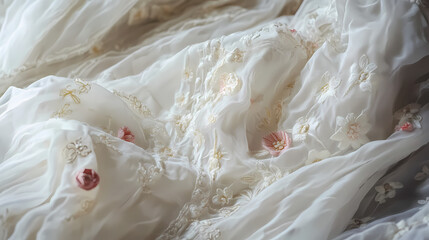 A white fabric with flowers embroidered on it. Victorian Gowns. Illustration