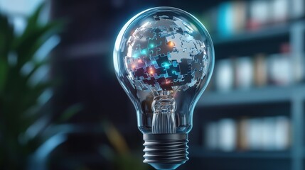 Lightbulb of puzzle pieces Robotman's Droid head floating above, innovation, creative thinking in business blue neon tone chart digital data analysis digital technology graph Bokeh light Bright