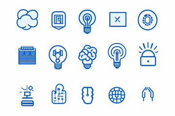 Set of 15 blue line icons on white background.