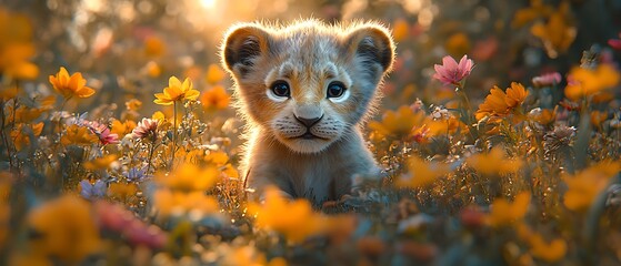 A cute lion cub sits in a field of yellow wildflowers with the sun shining down on it.