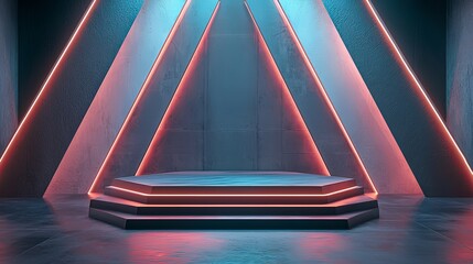 Poster - Futuristic Podium with Highlighted Sharp Lines and Neon Illumination