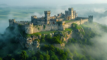 Medieval European castle perched atop a hill with towering stone walls and lush green fields stretching out below shrouded in a light morning mist