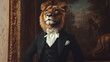 © Thiago - Anthropomorphic lion in a victorian style suit posing front of an elegant painting. Victorian Gowns. Illustration