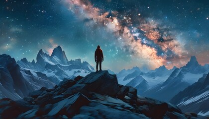 Wall Mural - Solitary figure atop rocky peak gazing at the enchanting starry sky and the Milky Way