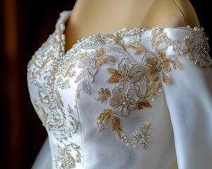 A white dress with gold embroidery and beads on the back