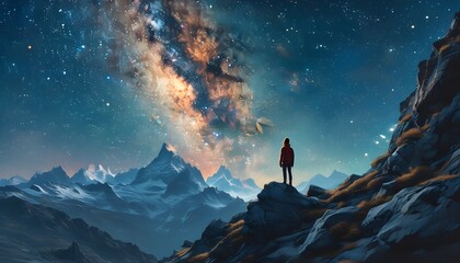 Wall Mural - Solitary figure atop rocky peak gazing at the enchanting starry sky and the Milky Way