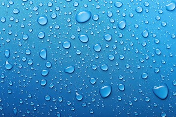 Leinwandbilder - Water drops on blue background in top view. Transparent fluid forms hydrate environment. Dew, condensation, moisture create refreshing design. Many droplets, colourful, beautiful, splash on surface.
