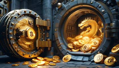 Wall Mural - Mystical bank vault unveiling luminous bitcoin treasure protected by digital dragons