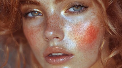 Wall Mural - Close up of a Woman s Face with Golden Makeup and Freckles