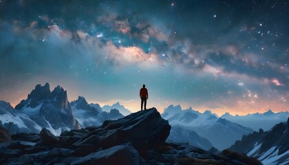 Wall Mural - Solitary figure atop rocky peak gazing at the enchanting starry sky and the Milky Way