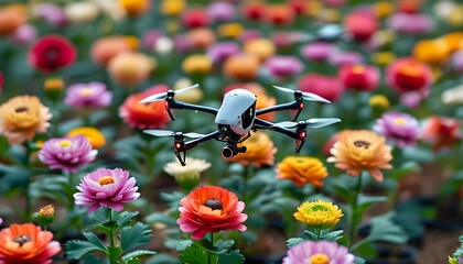 Poster - Futuristic Cyber Garden Blooming with Digital Currency Flowers Pollinated by Data-Collecting Drones Among Stocks and Banks