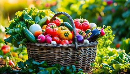 Vibrant vegetables in a wicker basket basking in the warmth of a sunlit garden, celebrating the richness of natures harvest.