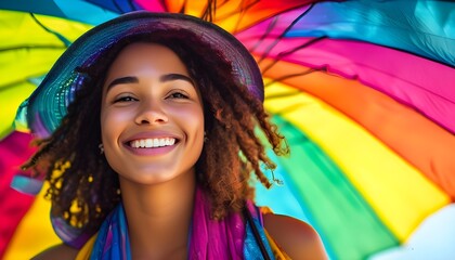 Wall Mural - Joyful woman beneath a vibrant rainbow umbrella radiating warmth and happiness on a sunny day