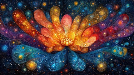 Poster - Abstract Cosmic Flower with Ornate Swirls and Vibrant Colors