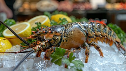 spiny lobster seafood on ice, fresh lobster or rock lobster with herb and spices lemon coriander parsley on background, raw spiny lobster for cooking food or seafood market - top view 