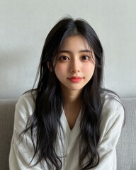 Poster - A cheerful girl in a white Vneck pajama radiates beauty and joy as she relaxes on a stylish gray sofa.