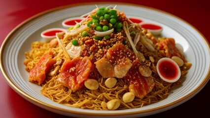 Wall Mural -  Delicious Asian noodle dish with shrimp peanuts and bean sprouts