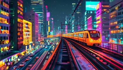 Sticker - Neon-lit monorail racing through a vibrant cityscape, transforming the future of urban transportation