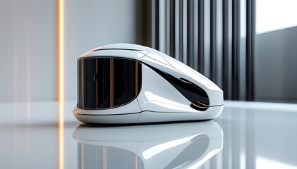 Futuristic product design showcased on minimal backdrop with elegant reflection on a sleek surface