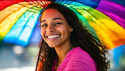 Wall Mural - Joyful woman beneath a vibrant rainbow umbrella radiating warmth and happiness on a sunny day