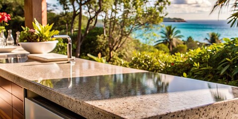 Outdoor sink and counter with a scenic ocean view.