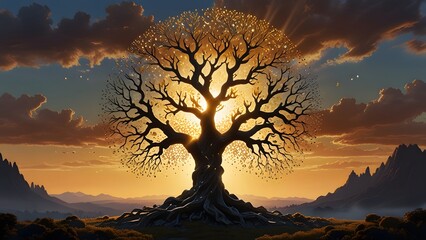 The Tree glowing golden in the sunset background Created with Generative AI technology.