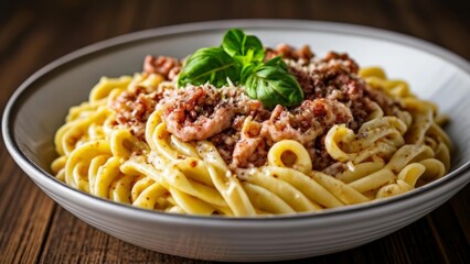 Canvas Print -  Delicious pasta dish with meat sauce ready to be savored