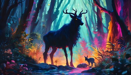 Wall Mural - Enchanting light forest with a devilish figure casting a vibrant neon rainbow shadow while animals roam freely