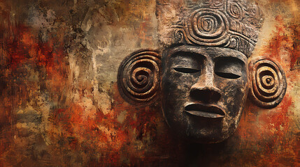 Ancient sculpture against abstract art background, a fusion of cultures and modernity. Tribal Art. Illustration