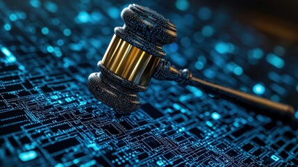 Digital Law   Gavel on Circuit Board Abstract