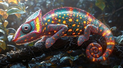 Wall Mural - Colorful Chameleon on Branch with Sparkling Scales